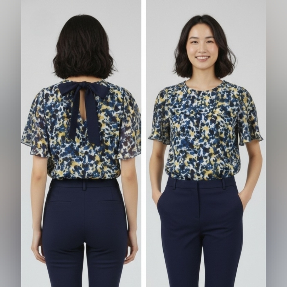 H&M Size M Flowy Abstract Print Summer Women's Top With Back  Blue Bow